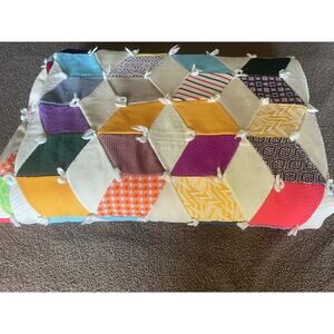 Vintage Handmade Necktie Quilt Tumbling Blocks Patchwork Hand Tied 82x75